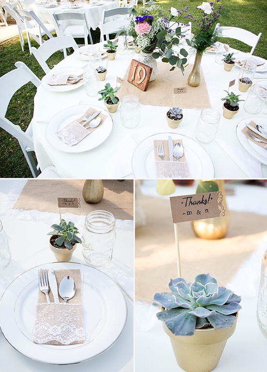 Wedding table setting with succulents, rustic chic design