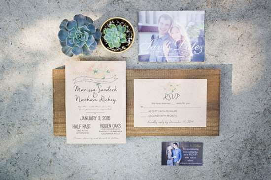 Wedding invitations with succulents and couple photos