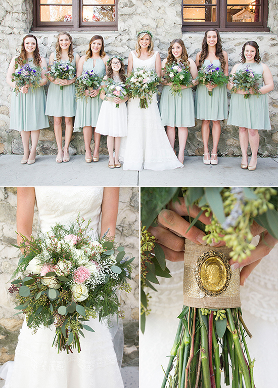 Wedding photo of bride, bridesmaids, and elegant bouquets