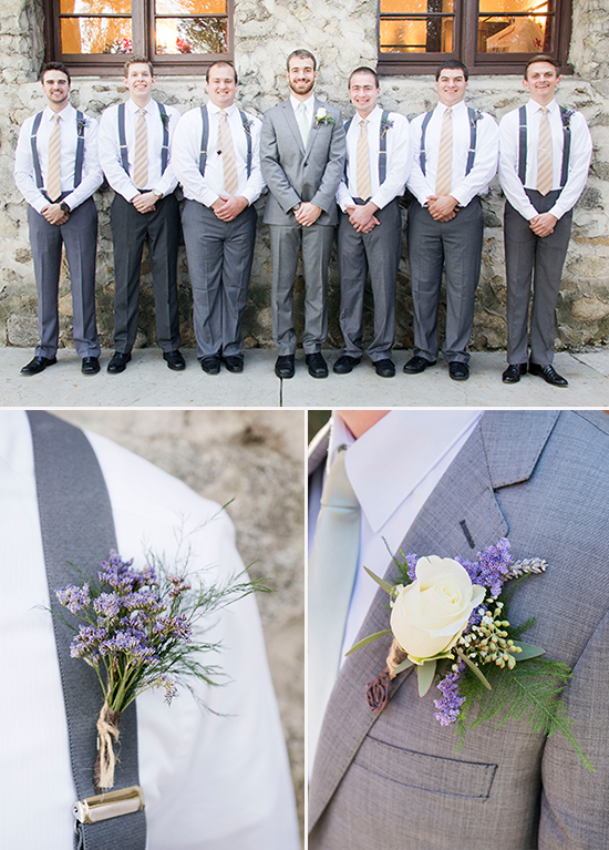 Groom and groomsmen in gray suits and suspenders at a wedding