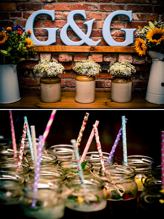 wildflowers in whiskey jars and mason jars with fun paper straws @weddingchicks