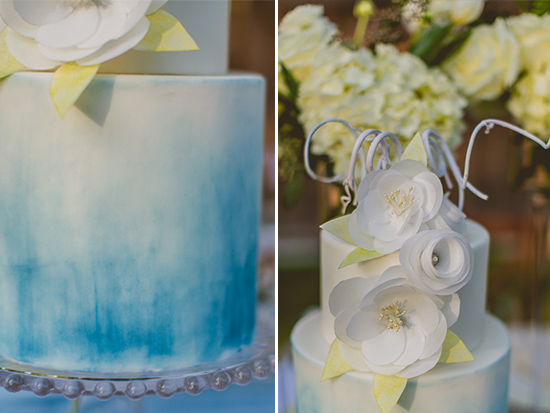 Wedding cake with ombre blue and floral decorations