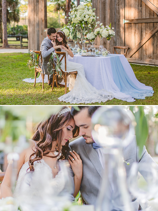 Romantic wedding couple at an outdoor table setting