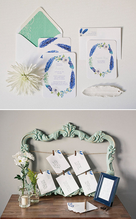 fun feather and flower stationery and thank you display @weddingchicks