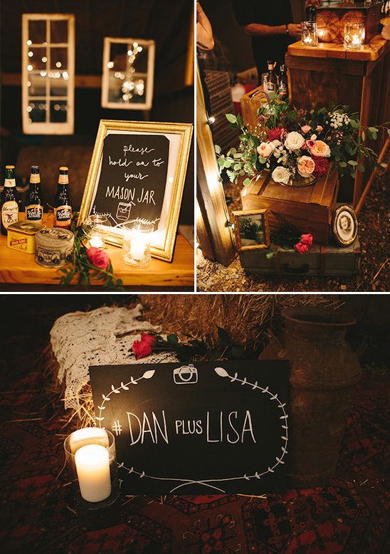 Rustic wedding decor details including a sign and flowers