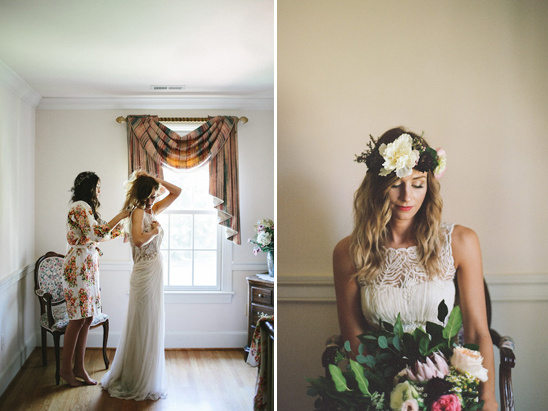Bride getting ready on her wedding day with flower crown