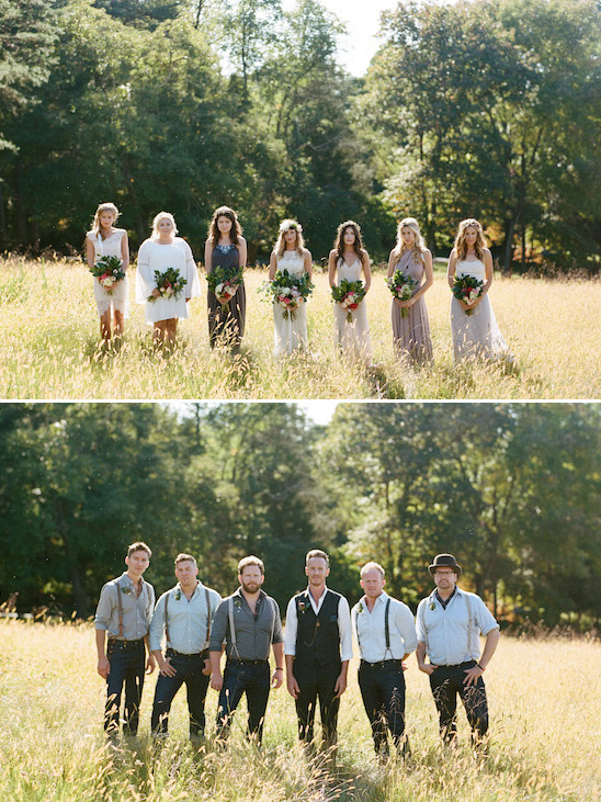 Bridal party in a field rustic wedding bridesmaids groomsmen