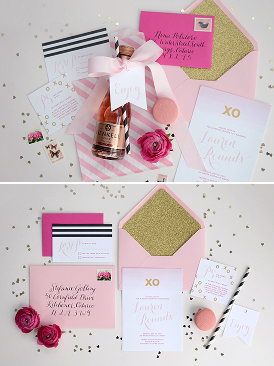 Elegant wedding stationery suite with champagne and pink details