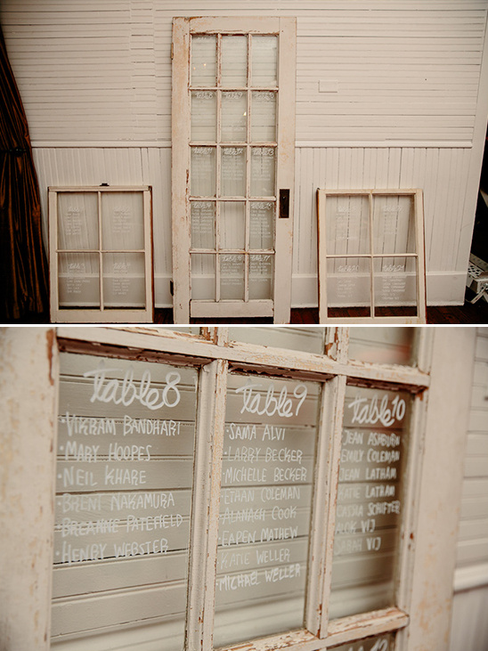 Old door and windows used for seating chart windows @weddingchicks