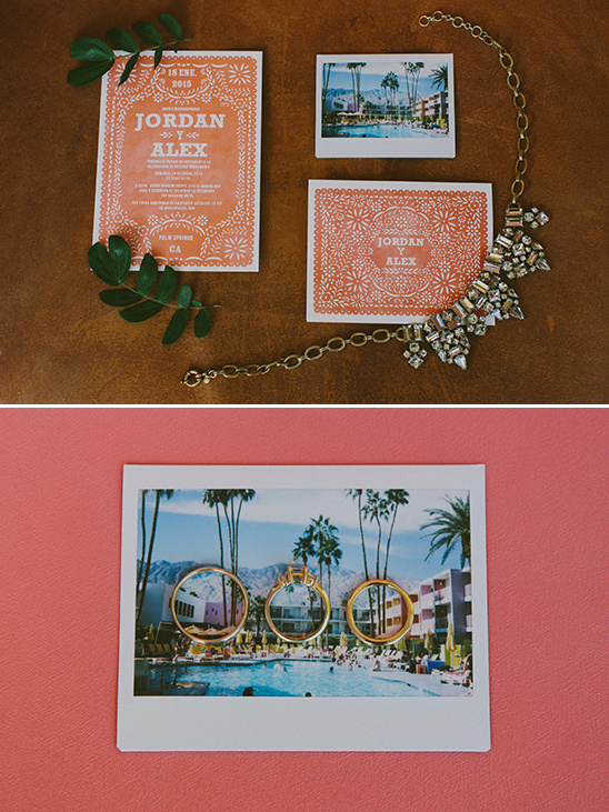 Stylish wedding invites rings necklace poolside scene