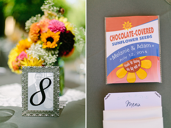 Wedding table decor with flower arrangement and favors