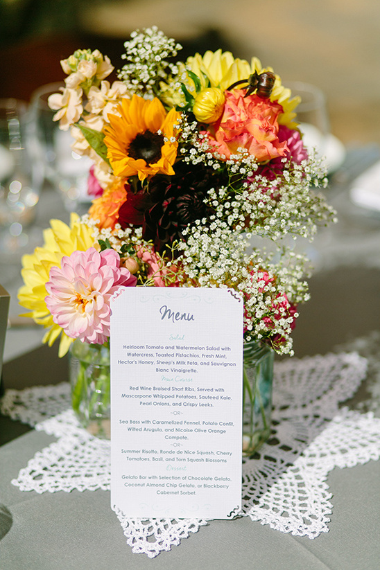 Wedding table decor with colorful flowers and a menu card