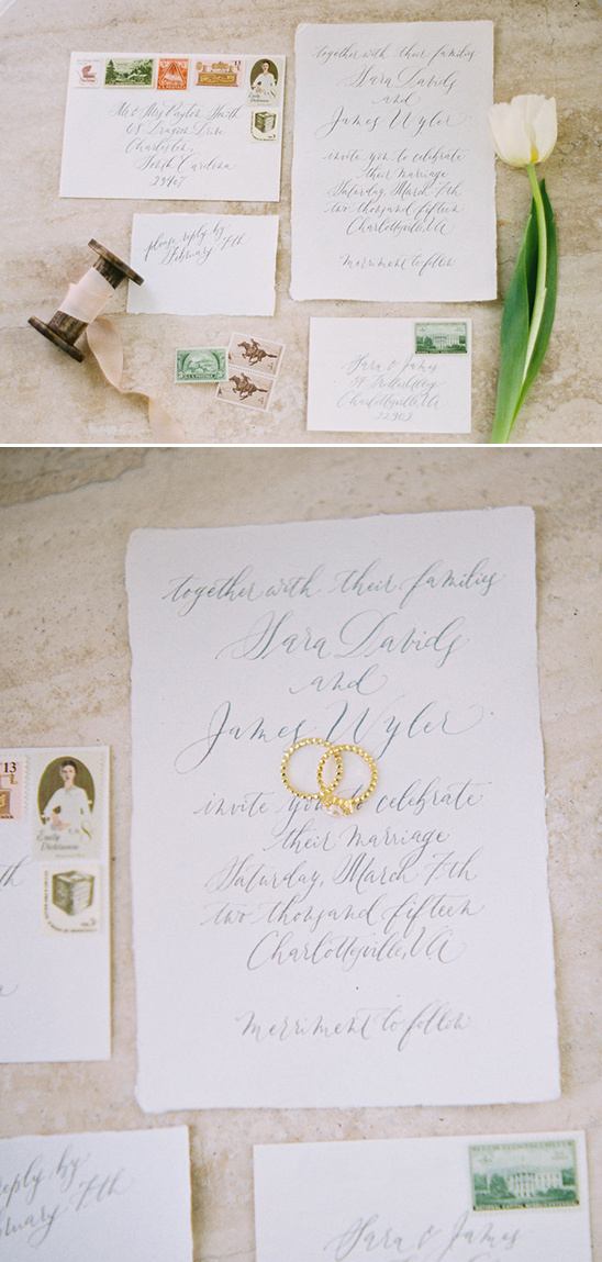 Elegant wedding invitation with calligraphy and vintage stamps