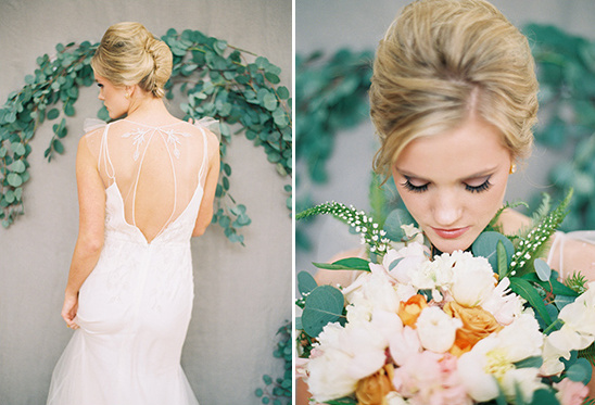 Elegant bride in a white wedding dress with bouquet of flowers