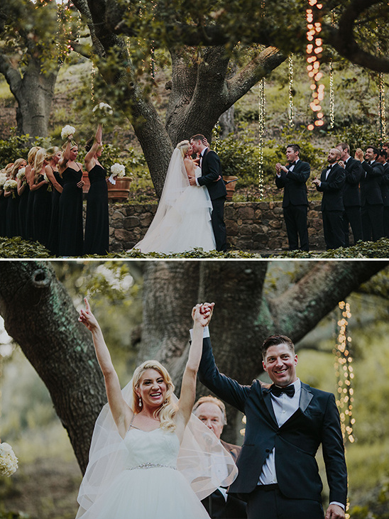 Beautiful outdoor wedding ceremony with happy bride and groom