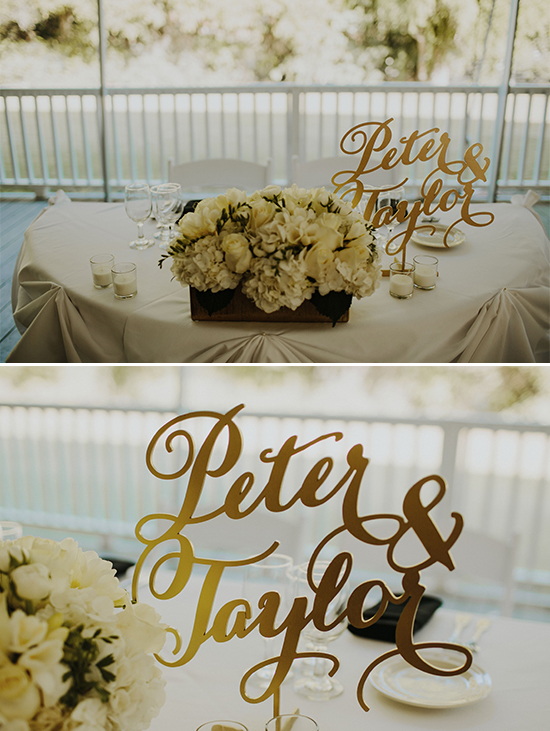 Wedding reception table decor with Peter & Taylor sign