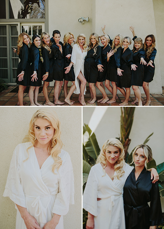 Bride and bridesmaids celebrating together in robes before the wedding