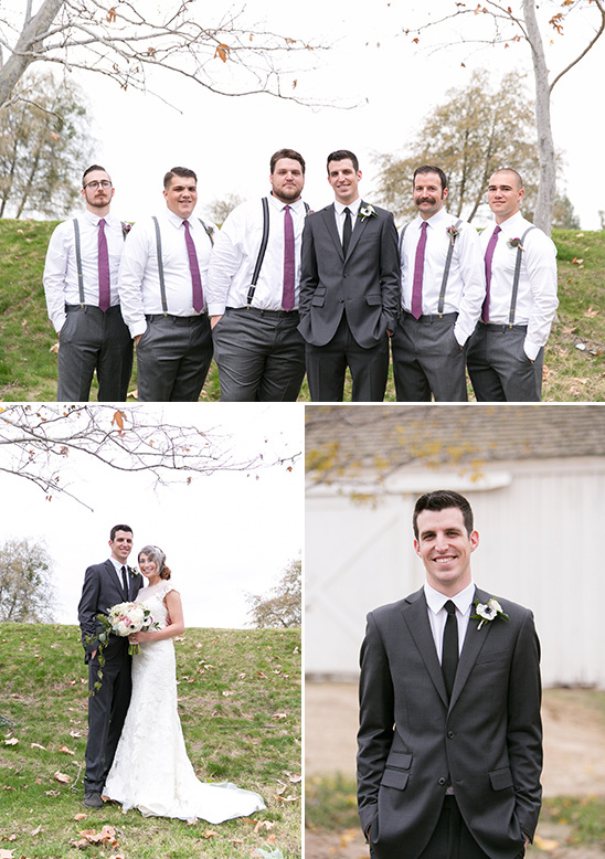 Wedding day with groomsmen and bride and groom in an outdoor setting