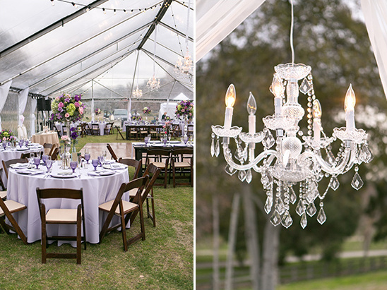 Elegant outdoor wedding reception with tent and chandelier
