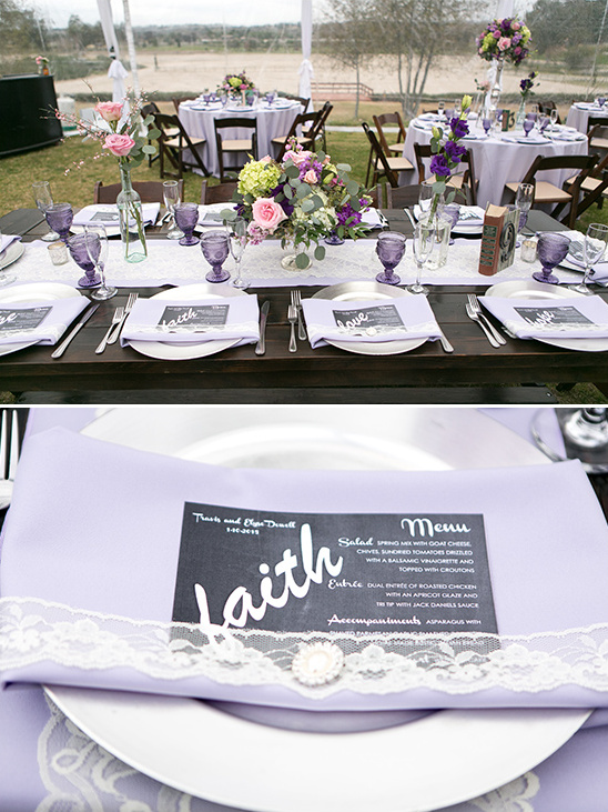 Elegant wedding table setting with purple and white floral arrangements