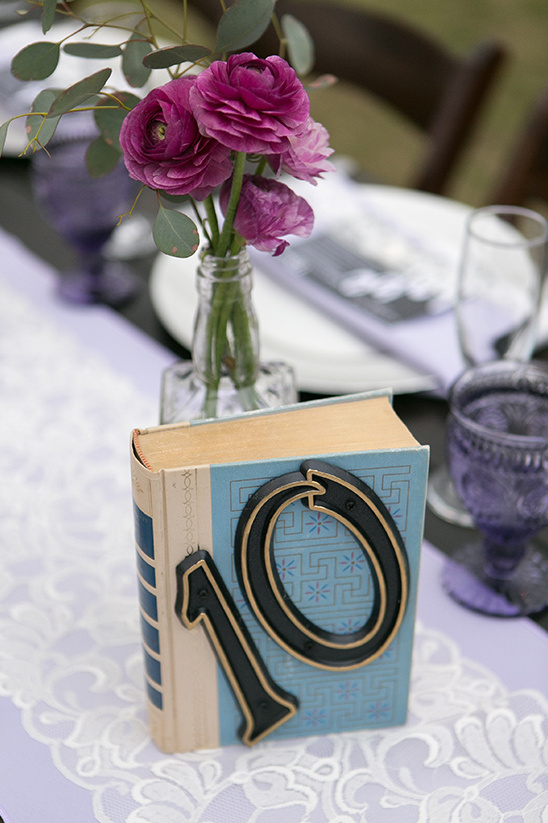 Wedding table centerpiece with flowers and book table number 10