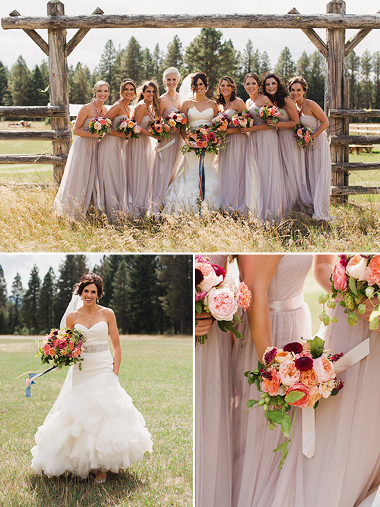 Beautiful bride and bridesmaids in elegant gowns, wedding day
