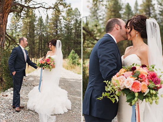 Beautiful bride and groom embracing on their wedding day