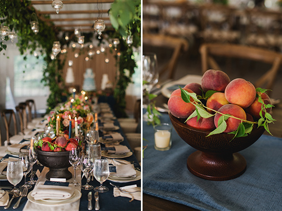 Elegant peach centerpiece on a beautifully decorated wedding table