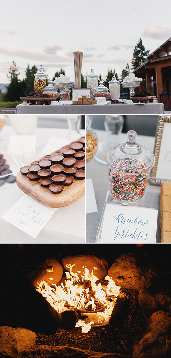Wedding dessert table with treats and campfire marshmallows