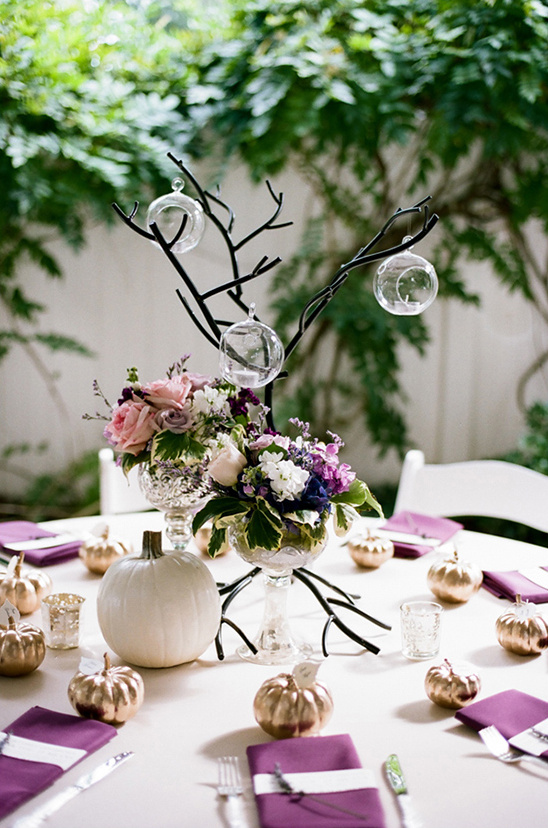 purple and tree center pieces @weddingchicks