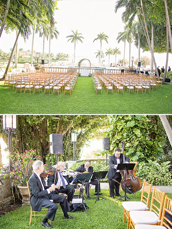 Wedding ceremony setup with string quartet in a tropical location
