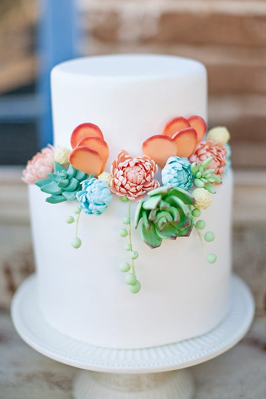 white wedding cake with sugar succulents @weddingchicks