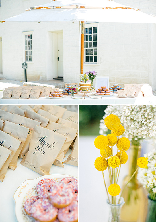 donut and cake table with cute thank you favor bags @weddingchicks