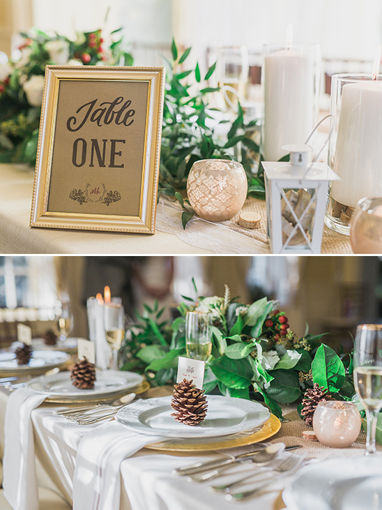 pine cone place card holders and framed table numbers @weddingchicks