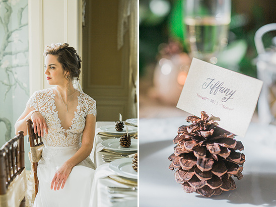 Kleinfeld Bridal Boutique wedding dress and pine cone placecard @weddingchicks