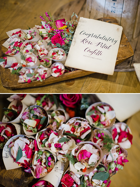 Rose petal confetti cones and flowers for a wedding celebration