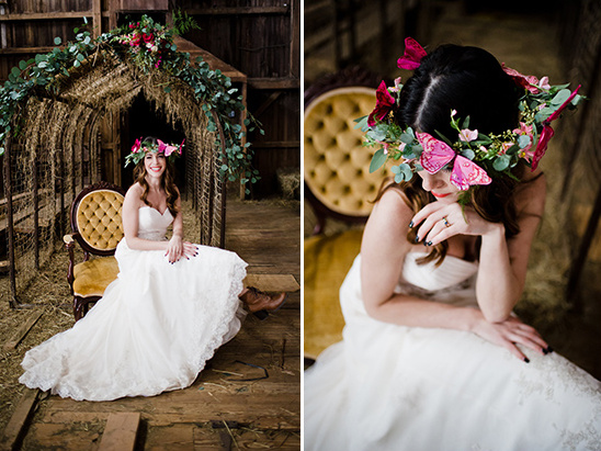 Bride in floral crown and dress, wedding photoshoot in rustic barn
