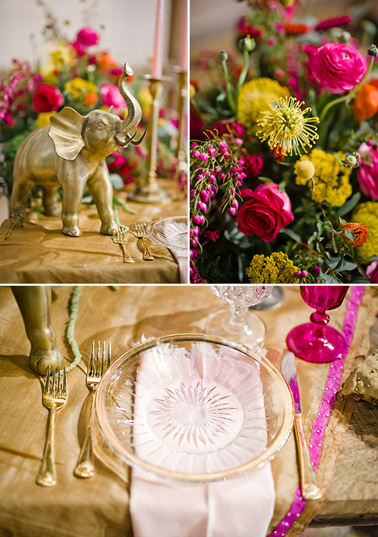 Elegant table setting with a gold elephant and vibrant flowers