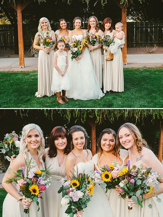 bridesmaids with sunflower bouquets @weddingchicks