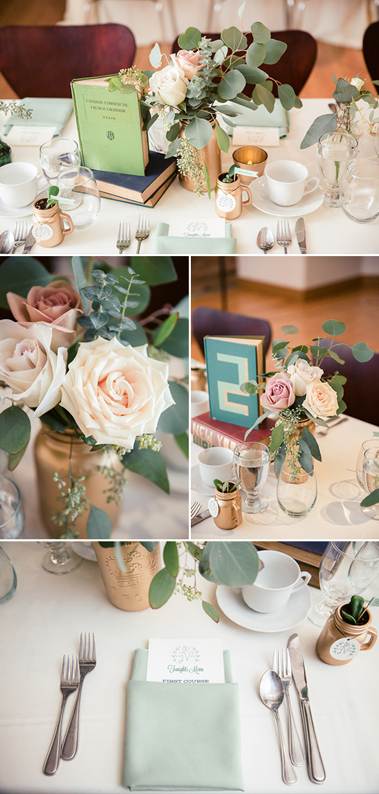 gold blue and green table decor @weddingchicks