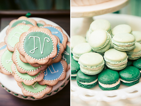 green sugar cookies and macorns @weddingchicks