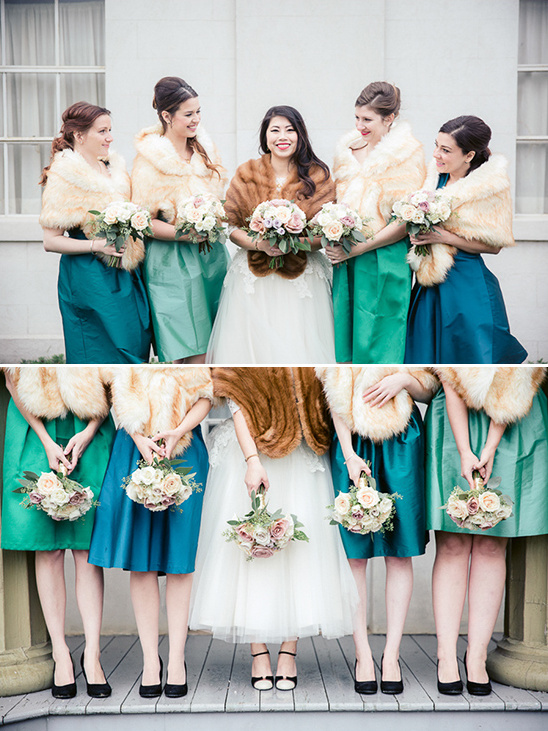 bridesmaids in shades of blue and green @weddingchicks