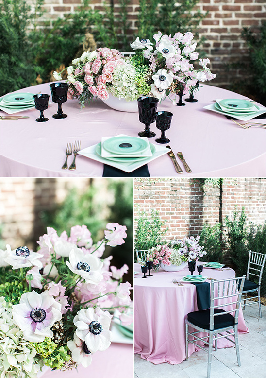 pink teal and black table decor @weddingchicks