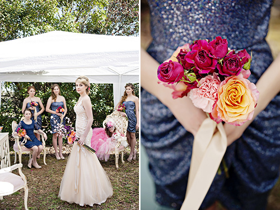 Bride and bridesmaids at a garden wedding ceremony