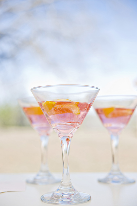 Pink cocktails with lemon slices on a white table