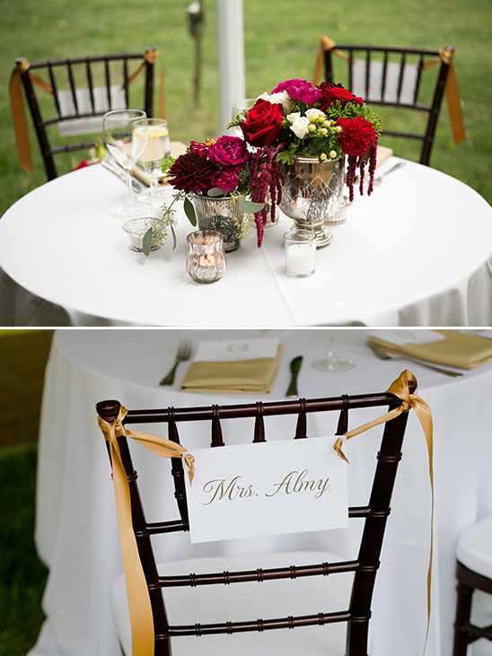 Elegant wedding reception table and chair decor with flowers