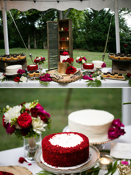 Wedding dessert table with cakes cupcakes and floral decor