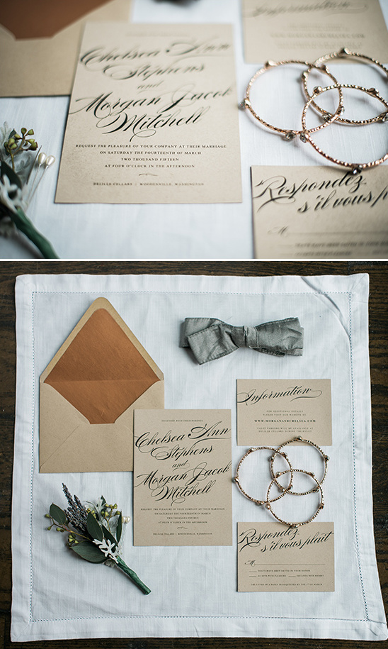 Elegant wedding invitation suite with bow tie and bracelets