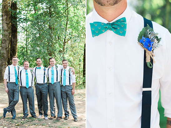 Groomsmen in matching teal ties and suspenders on a sunny day
