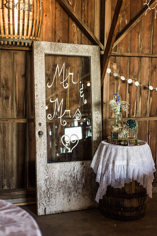 Rustic wedding decor: Mr & Mrs sign on an old door with flowers